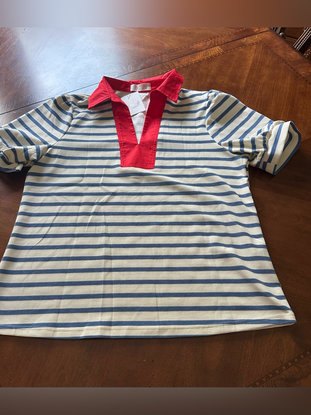 Women’s Striped Polo Top with Red Trim